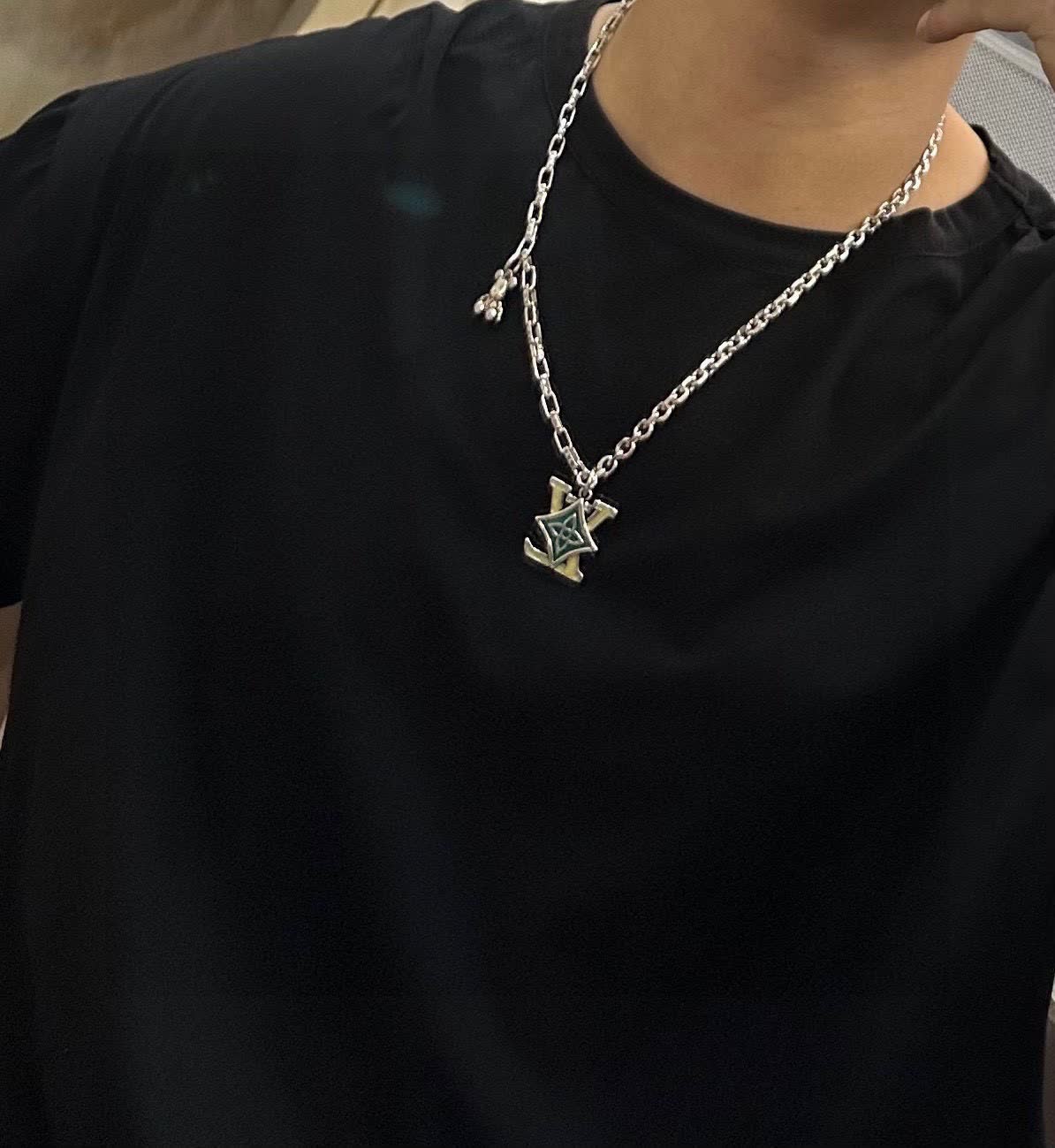 Louis Vuitton Silver Chain Necklace with LV Logo and Bear Charm